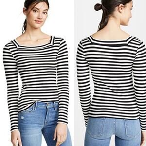FRAME Stripe Square Bateau Ribbed Long Sleeve Top, Size Large